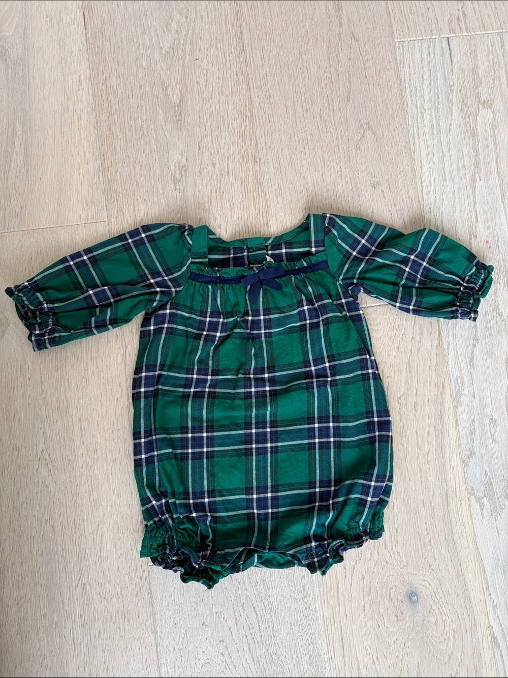 Janie and Jack Green and Navy Plaid Baby Romper with Bow
